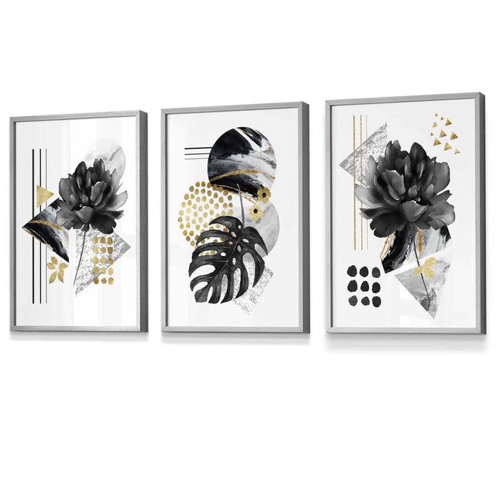 Abstrakte botaniske kunsttrykk i svart og gull / Innrammet