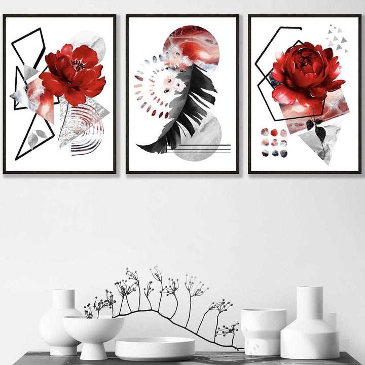 Abstrakt, rødt og svart botanisk sett med 3 innrammede veggkunstverk