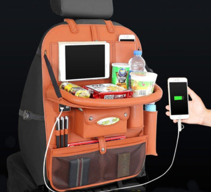 Skanto | Multifunksjonell Bilstolrygg Stor Kapasitet Oppbevaringsveske med 4 USB Ladeporter, Utstrakt Brett, Nettbrett Holder, Tissue Oppbevaring, Kopp Holder, Stor Oppbevaringsveske og Mer