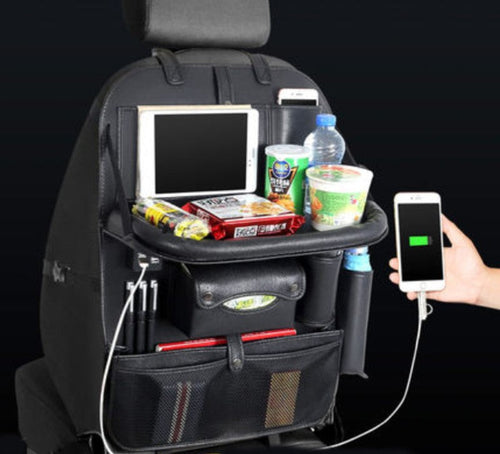 Skanto | Multifunksjonell Bilstolrygg Stor Kapasitet Oppbevaringsveske med 4 USB Ladeporter, Utstrakt Brett, Nettbrett Holder, Tissue Oppbevaring, Kopp Holder, Stor Oppbevaringsveske og Mer