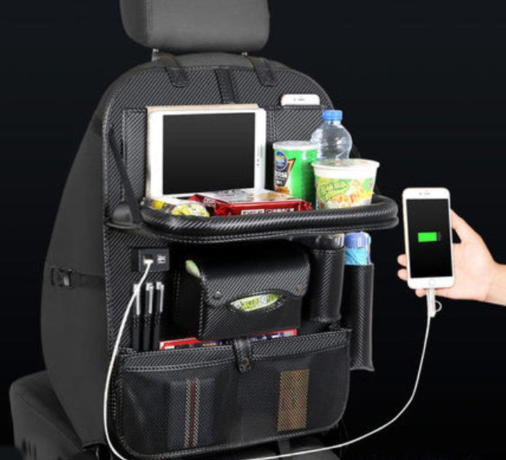 Skanto | Multifunksjonell Bilstolrygg Stor Kapasitet Oppbevaringsveske med 4 USB Ladeporter, Utstrakt Brett, Nettbrett Holder, Tissue Oppbevaring, Kopp Holder, Stor Oppbevaringsveske og Mer
