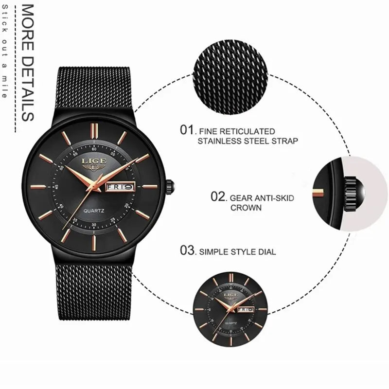 Skanto | Luksus Men’s Ultra-Tynn Vanntett Rustfritt Stål Quartz Klokke – Elegant Dato Display Sport Armbåndsure