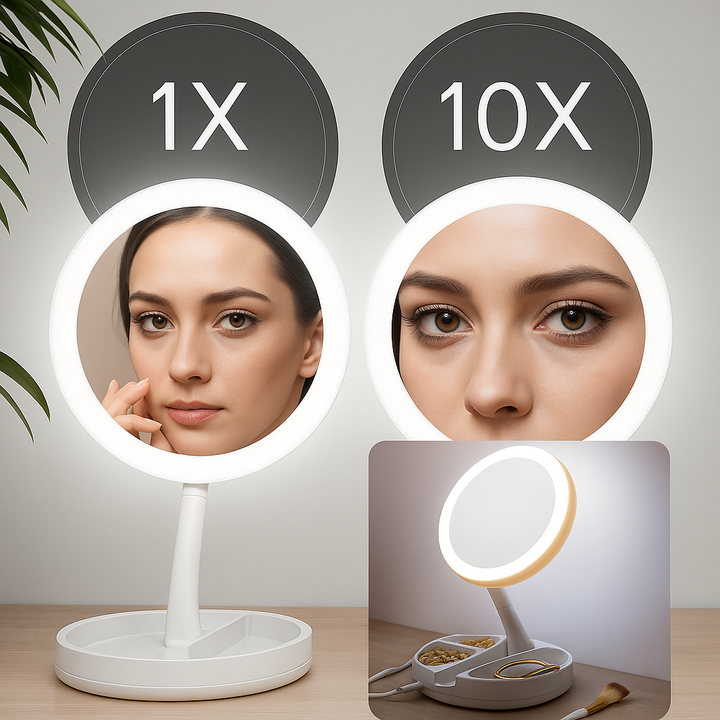 Sidet forstørrelsesspeil – LED-belysning – 10× forstørrelse – Sminke & plukking Skanto