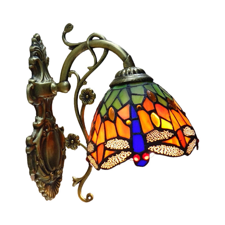 Skanto | Håndkuttet Glass Damselflue Vegglampe Tiffany Stil 1 Lys Veggmontert Lysarmatur med Utskåret Bakplate