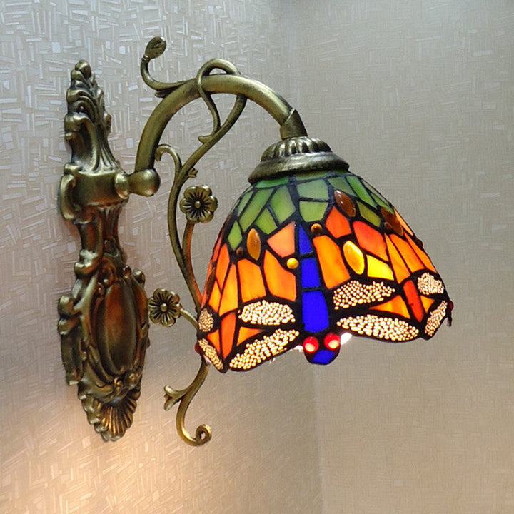 Skanto | Håndkuttet Glass Damselflue Vegglampe Tiffany Stil 1 Lys Veggmontert Lysarmatur med Utskåret Bakplate