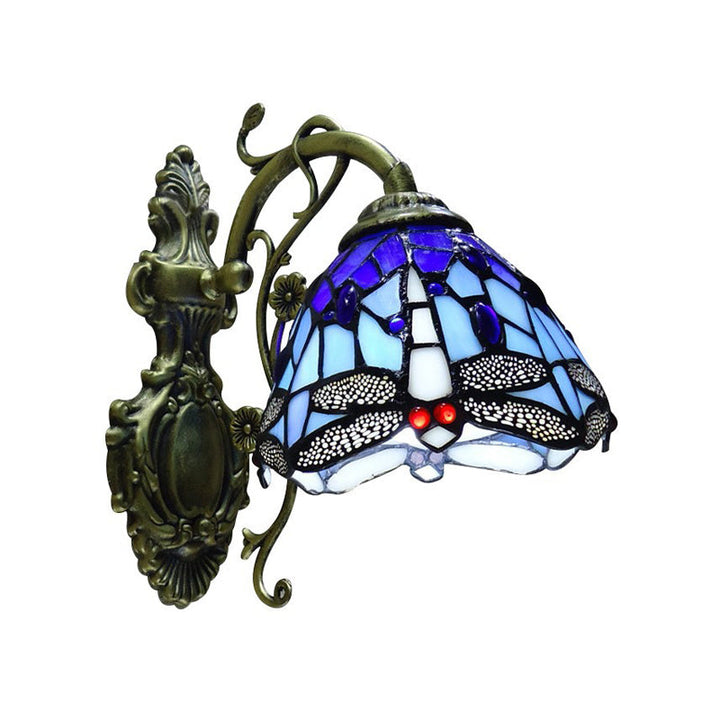 Skanto | Håndkuttet Glass Damselflue Vegglampe Tiffany Stil 1 Lys Veggmontert Lysarmatur med Utskåret Bakplate