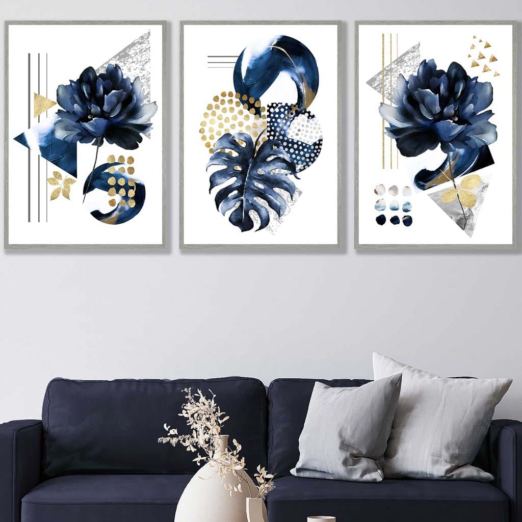 Abstrakt geometrisk blomstermønster i marineblått og gull, sett med 3 veggkunstverk