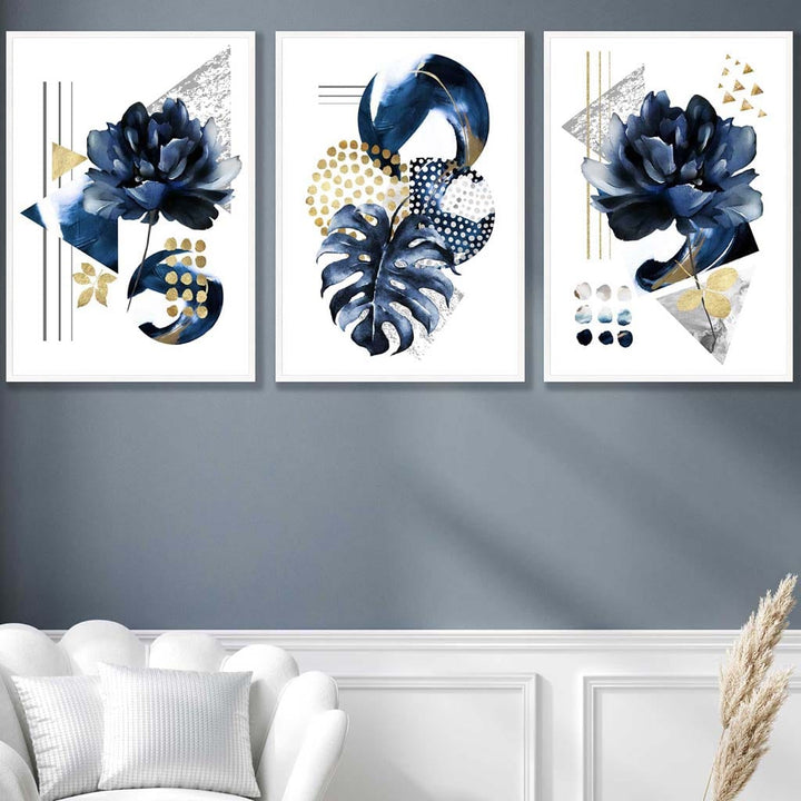 Abstrakt geometrisk blomstermønster i marineblått og gull, sett med 3 veggkunstverk