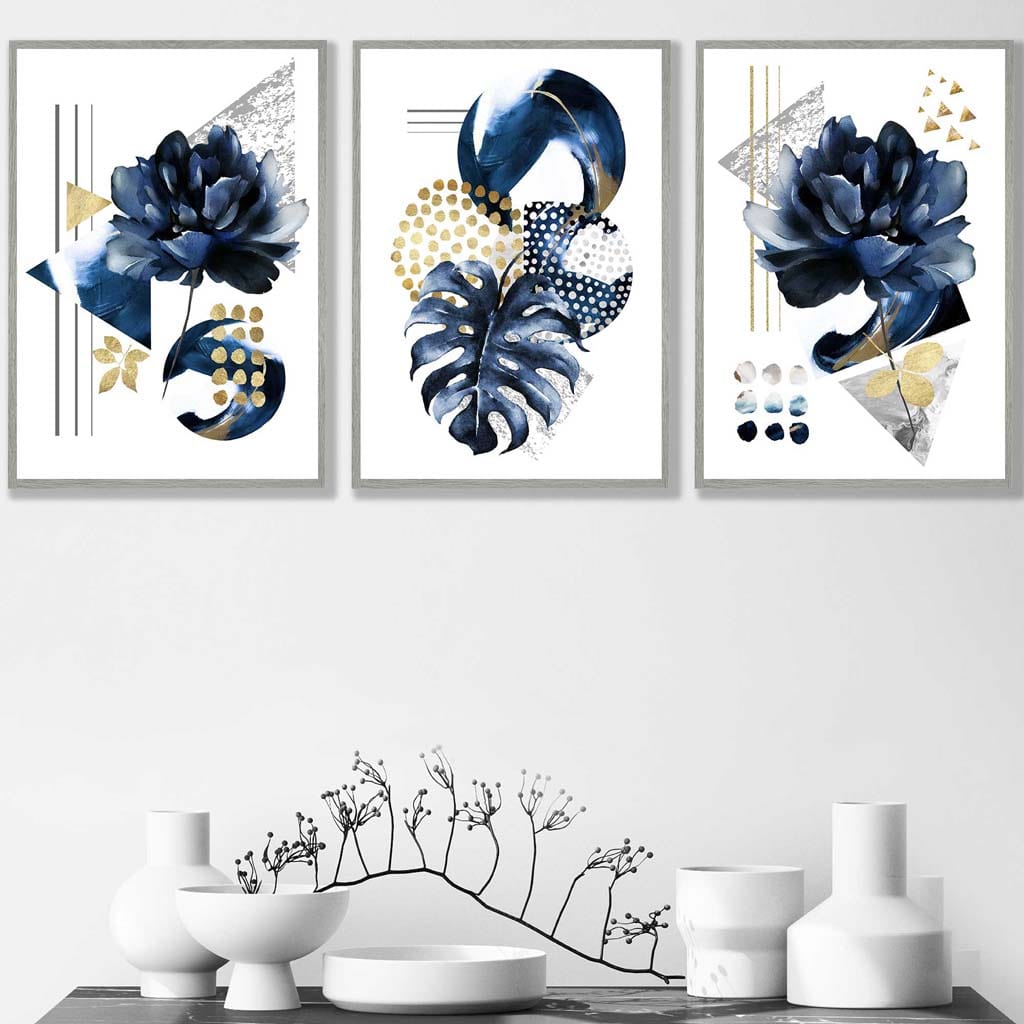 Abstrakt geometrisk blomstermønster i marineblått og gull, sett med 3 veggkunstverk