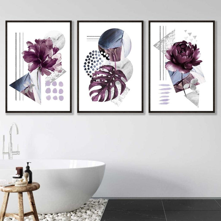 Moderne sett med 3 veggkunstverk med lilla og sølvgrå blomstermotiver