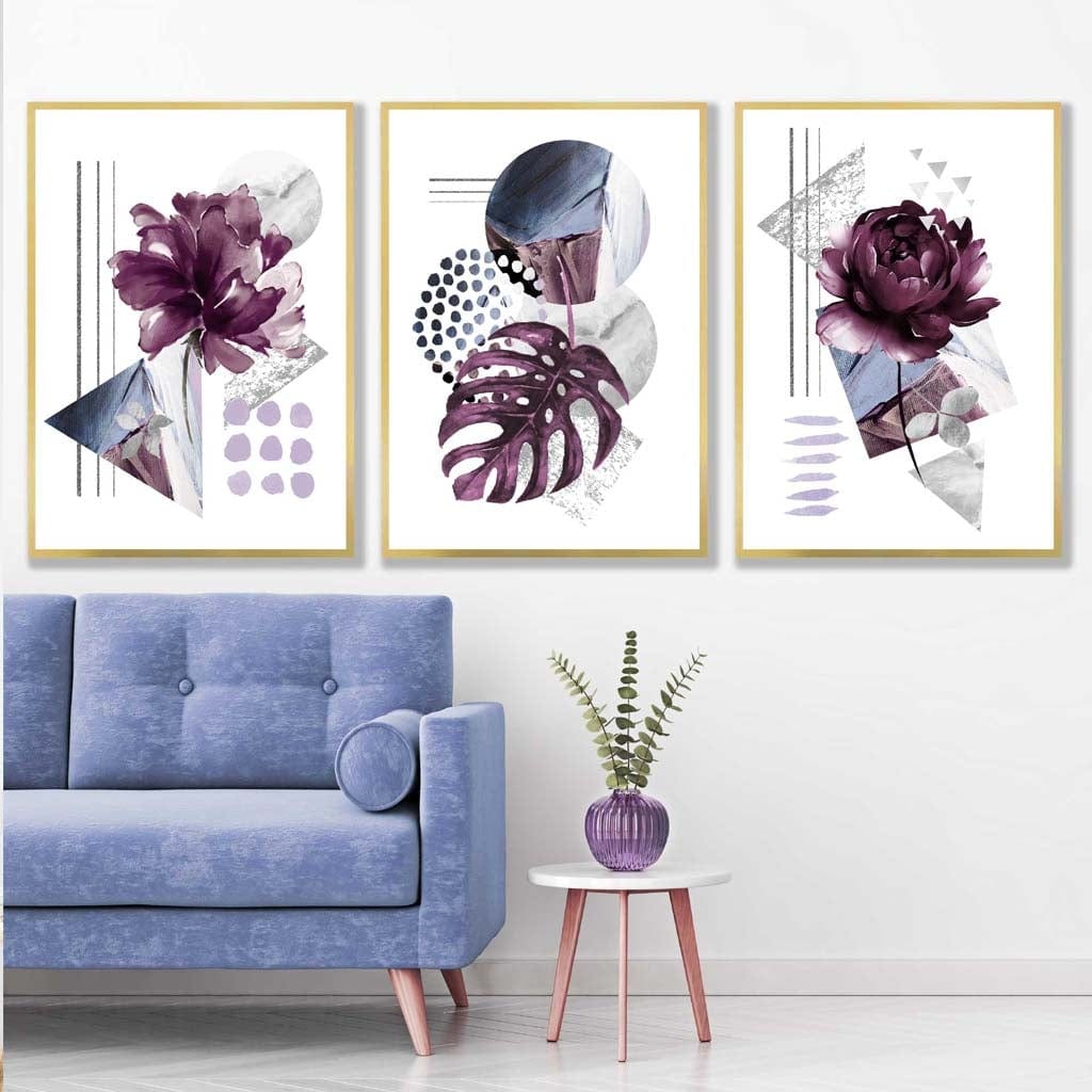 Moderne sett med 3 veggkunstverk med lilla og sølvgrå blomstermotiver
