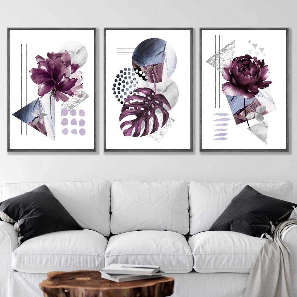 Moderne sett med 3 veggkunstverk med lilla og sølvgrå blomstermotiver