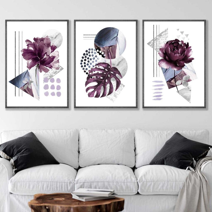 Moderne sett med 3 veggkunstverk med lilla og sølvgrå blomstermotiver