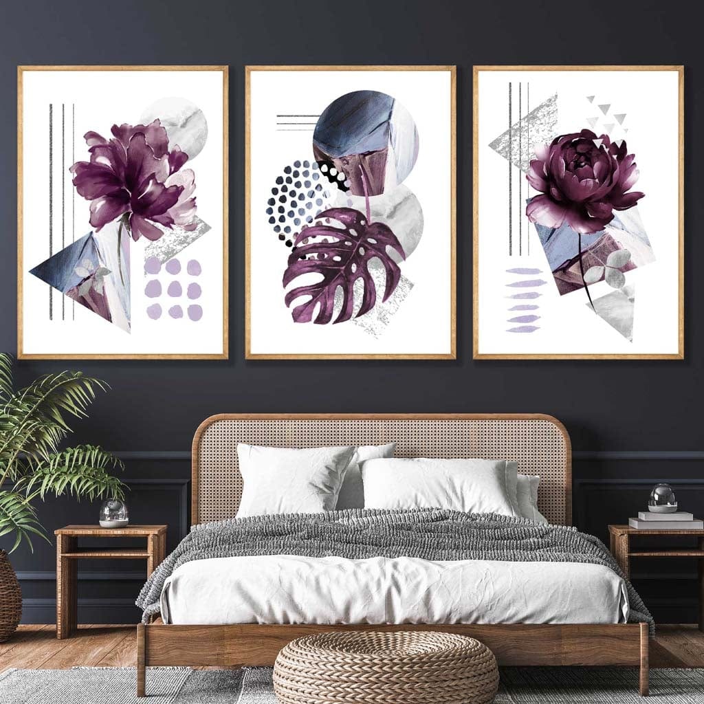 Moderne sett med 3 veggkunstverk med lilla og sølvgrå blomstermotiver