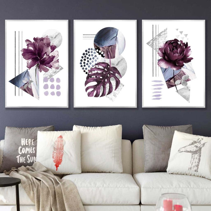Abstrakt, lilla og sølvgrå blomsterveggkunst med rammer