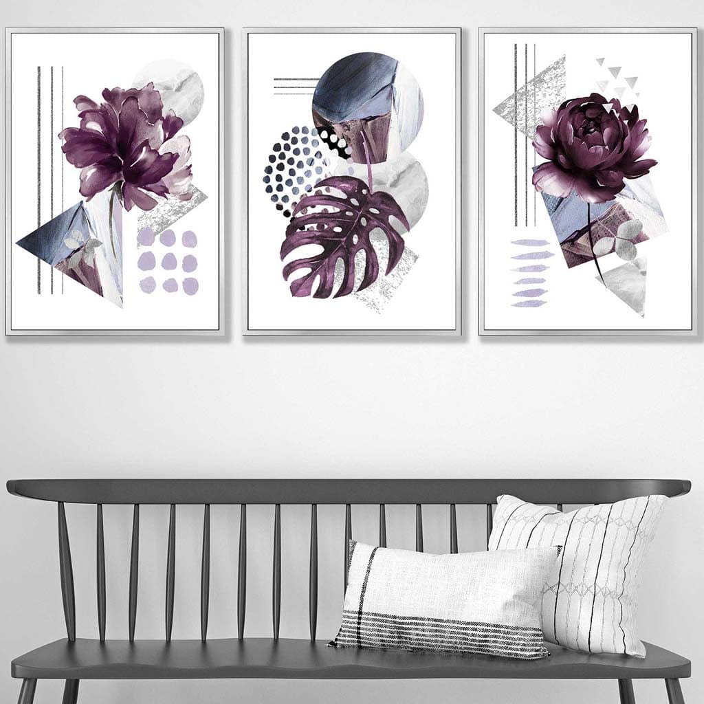 Moderne sett med 3 veggkunstverk med lilla og sølvgrå blomstermotiver