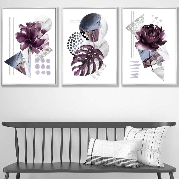 Moderne sett med 3 veggkunstverk med lilla og sølvgrå blomstermotiver