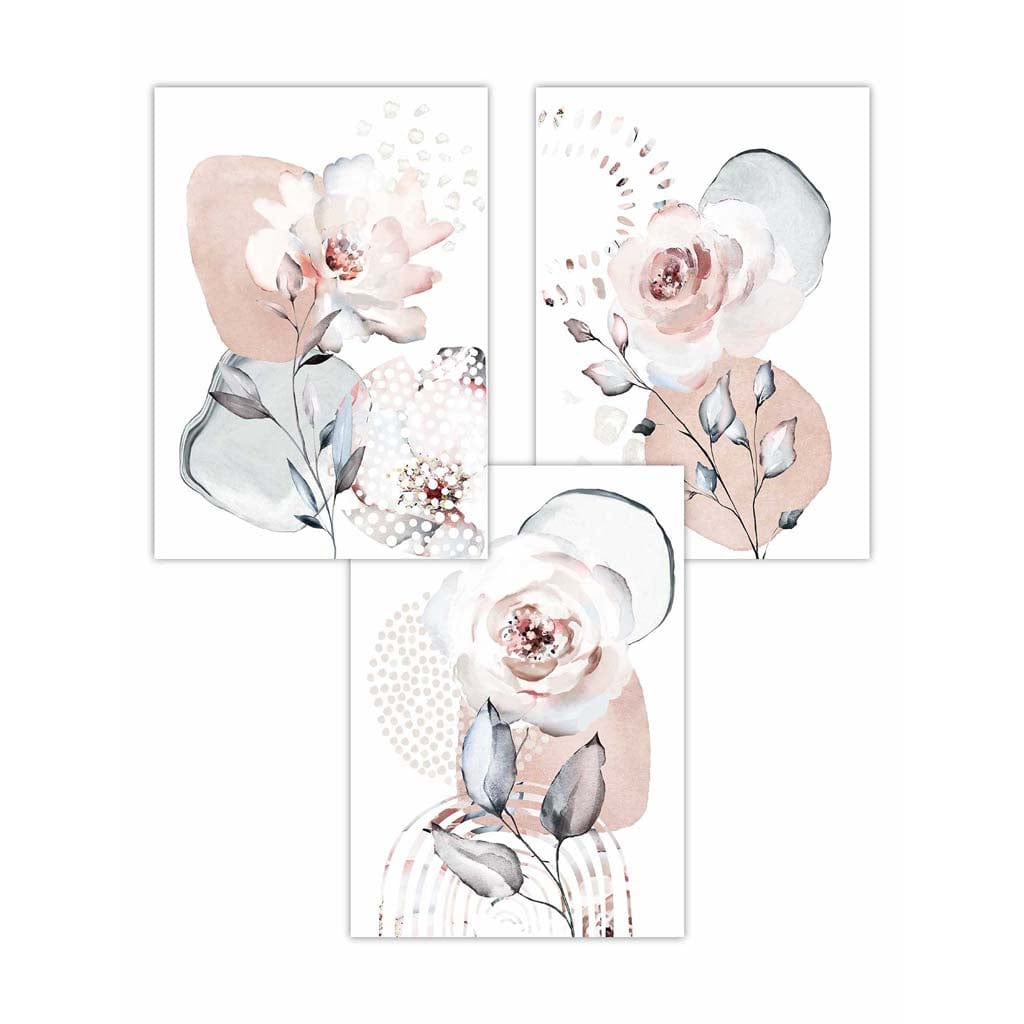 Abstrakte kunsttrykk med blomster i rosa og grått