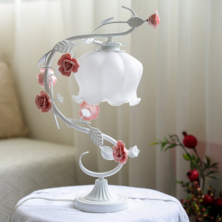 Rose Tae Lampe, Glass, Blomsterdesign, Nattbordlampe