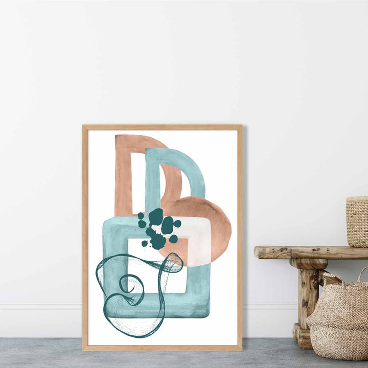 Abstrakt veggplakat i akvablått og beige nr. 1