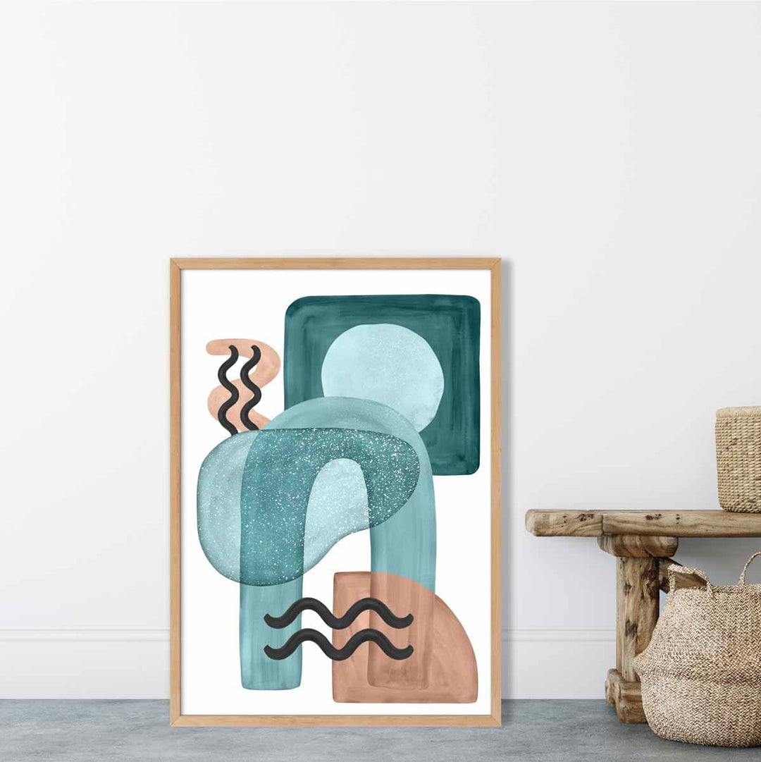 Abstrakt veggplakat i akvablått og beige nr. 3