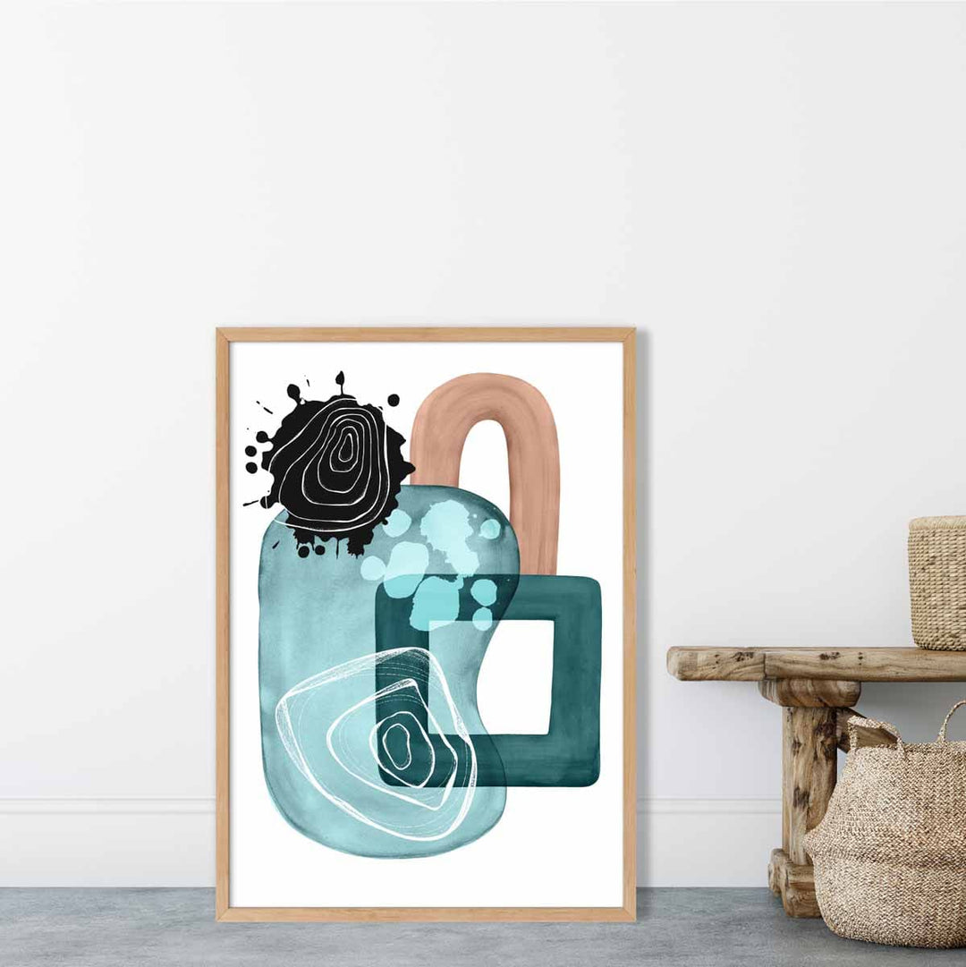 Abstrakt veggplakat i akvablått og beige, nr. 4