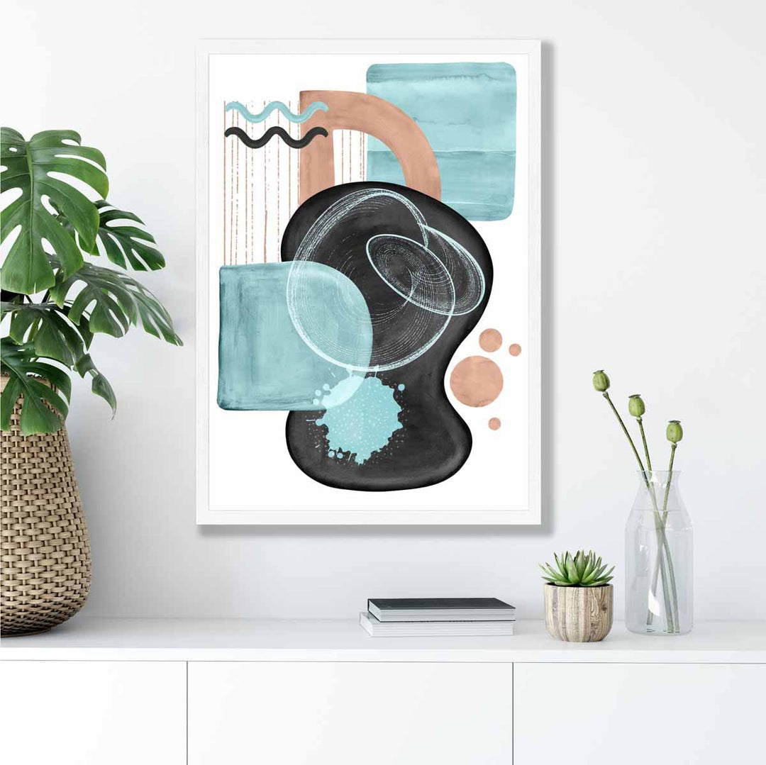 Abstrakt veggplakat i akvablått og beige, nr. 5