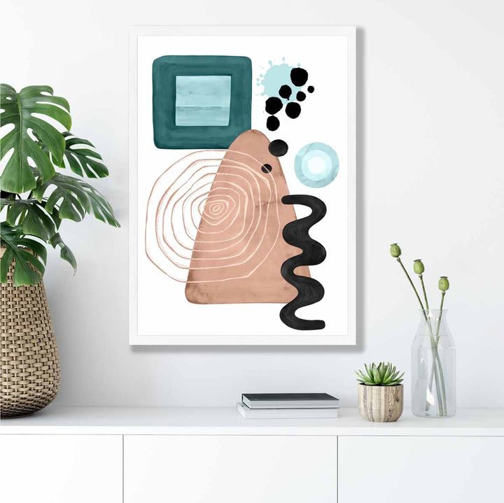 Abstrakt veggplakat i akvablått og beige, nr. 6