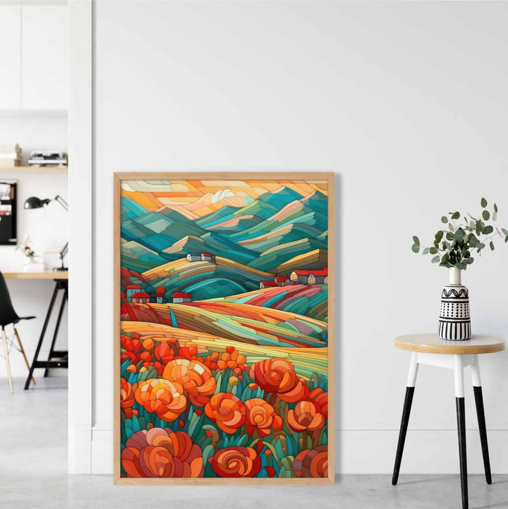 Fargerikt landskap med røde blomster, abstrakt maleri, kunsttrykk
