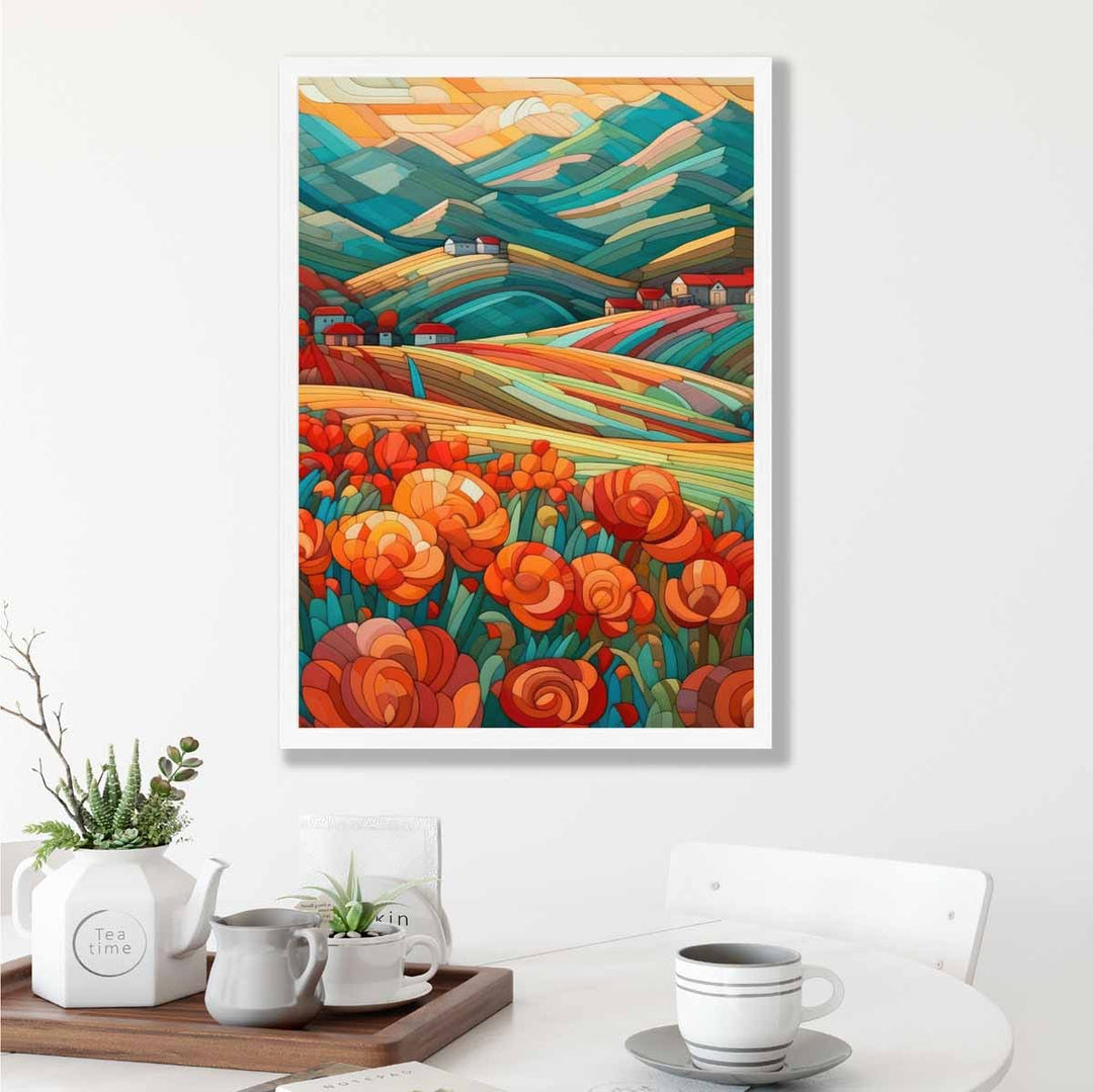 Fargerikt landskap med røde blomster, abstrakt maleri, kunsttrykk