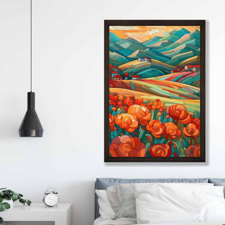 Fargerikt landskap med røde blomster, abstrakt maleri, kunsttrykk