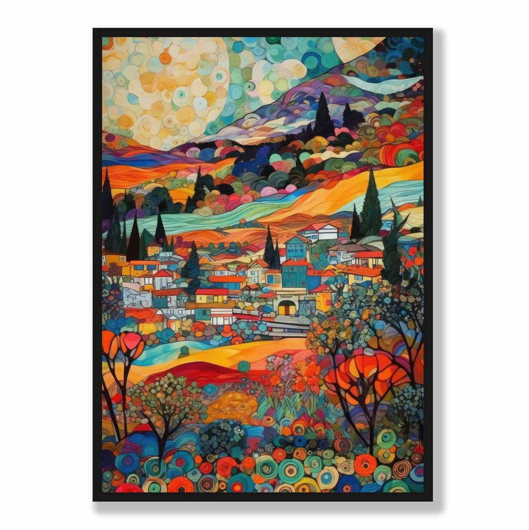 Fargerik abstrakt maleri i mosaikkstil med et urbant landskap, tilgjengelig som kunsttrykk.