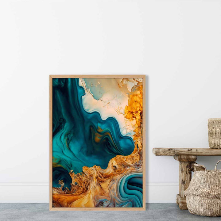 Abstrakte flytende kunsttrykk i blått og oransje nr. 3