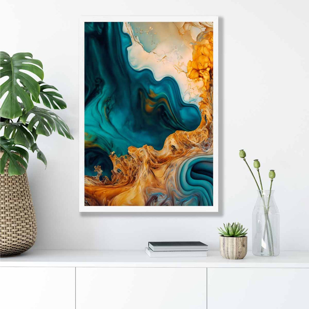 Abstrakte flytende kunsttrykk i blått og oransje nr. 3
