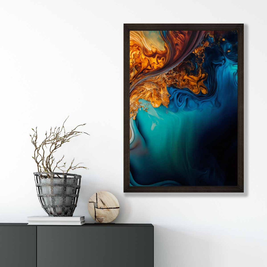 Abstrakte flytende kunsttrykk i blått og oransje nr. 4