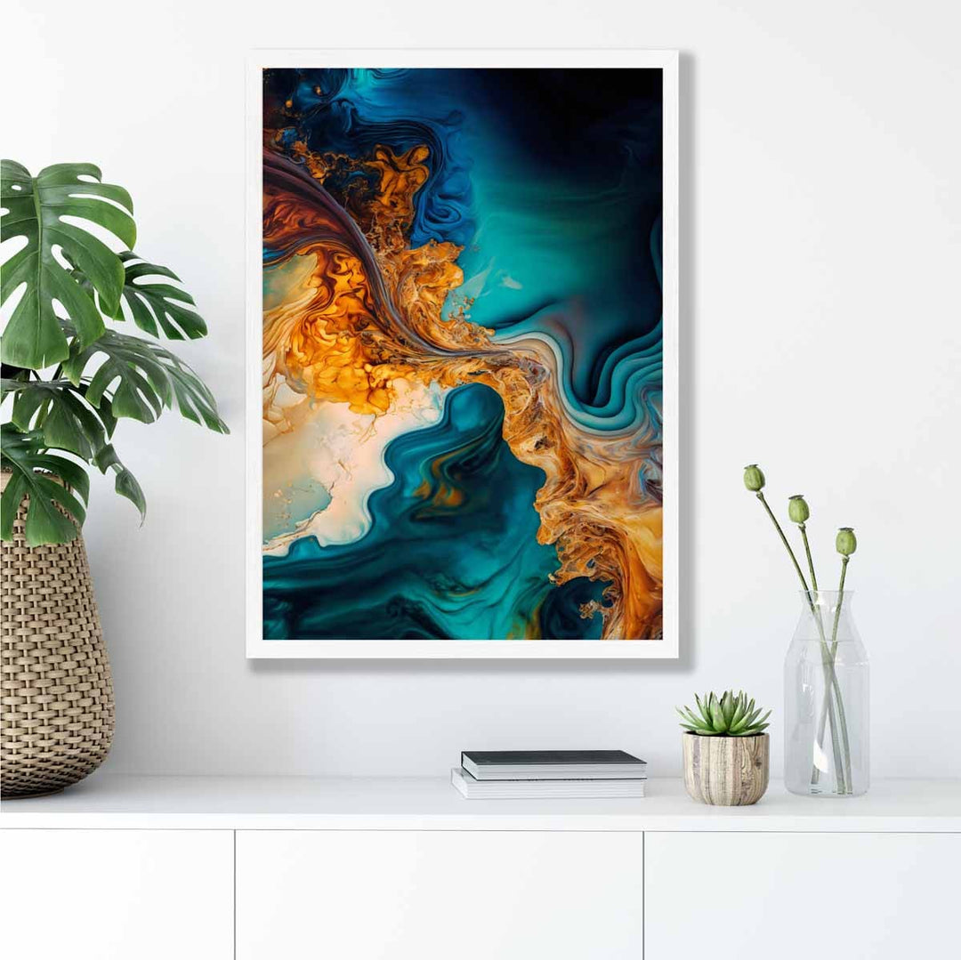 Abstrakte flytende kunsttrykk i blått og oransje nr. 5