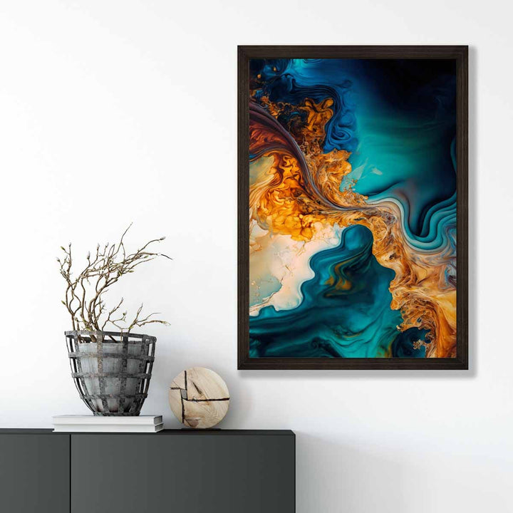 Abstrakte flytende kunsttrykk i blått og oransje nr. 5