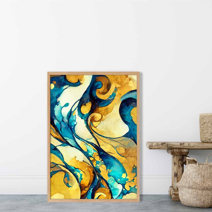 Abstrakt kunsttrykk i gult og blått nr. 3
