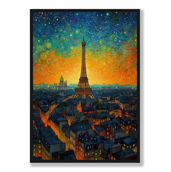 Fargerik kunsttrykk av et maleri av Paris ved solnedgang