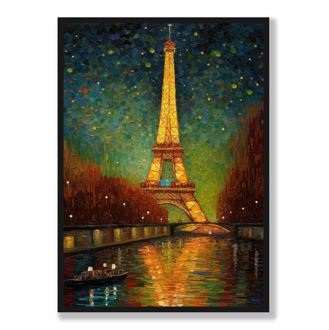 Fargerik kunsttrykk av et maleri av Paris om natten