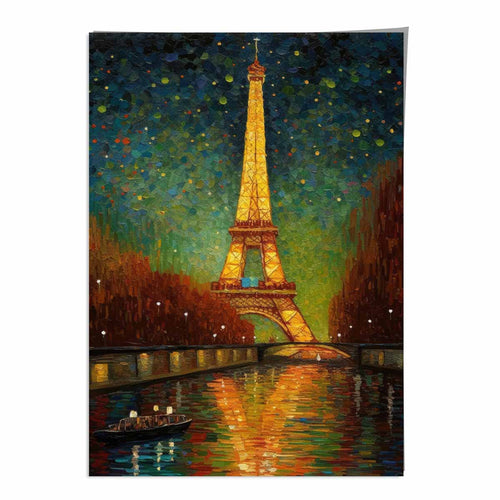 Fargerik kunsttrykk av et maleri av Paris om natten