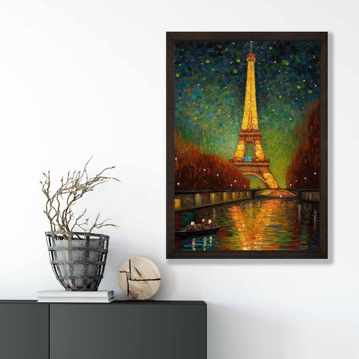 Fargerik kunsttrykk av et maleri av Paris om natten