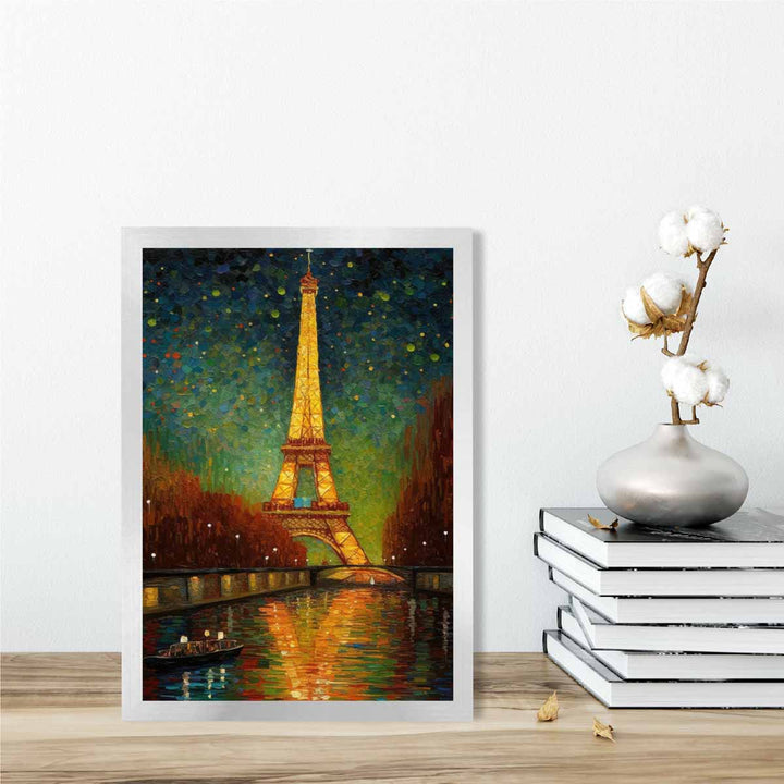 Fargerik kunsttrykk av et maleri av Paris om natten