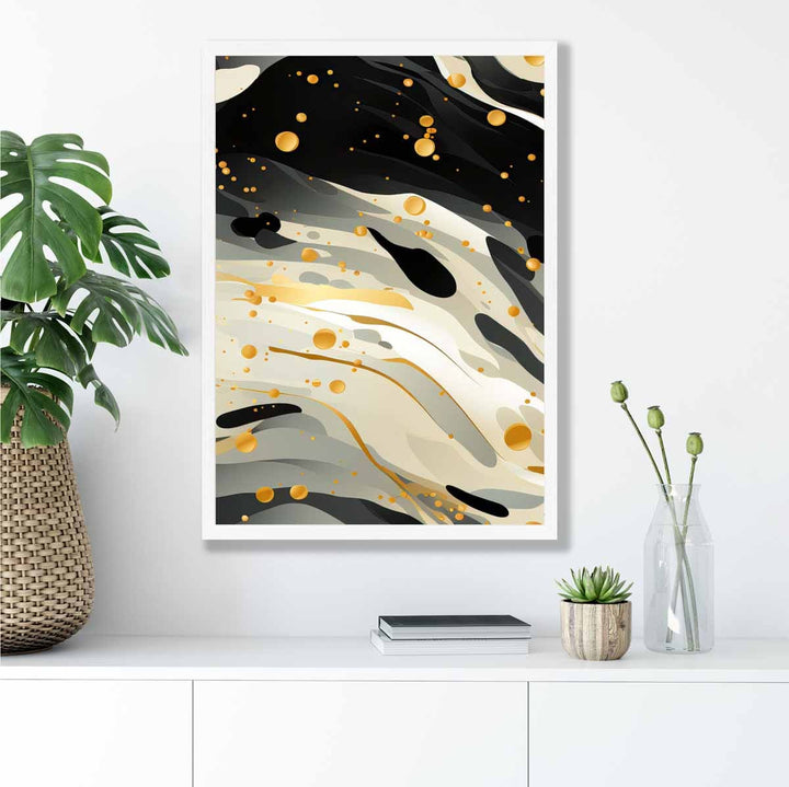 Abstrakt kunsttrykk «Flydende mønster» i grått, beige og gull nr. 3