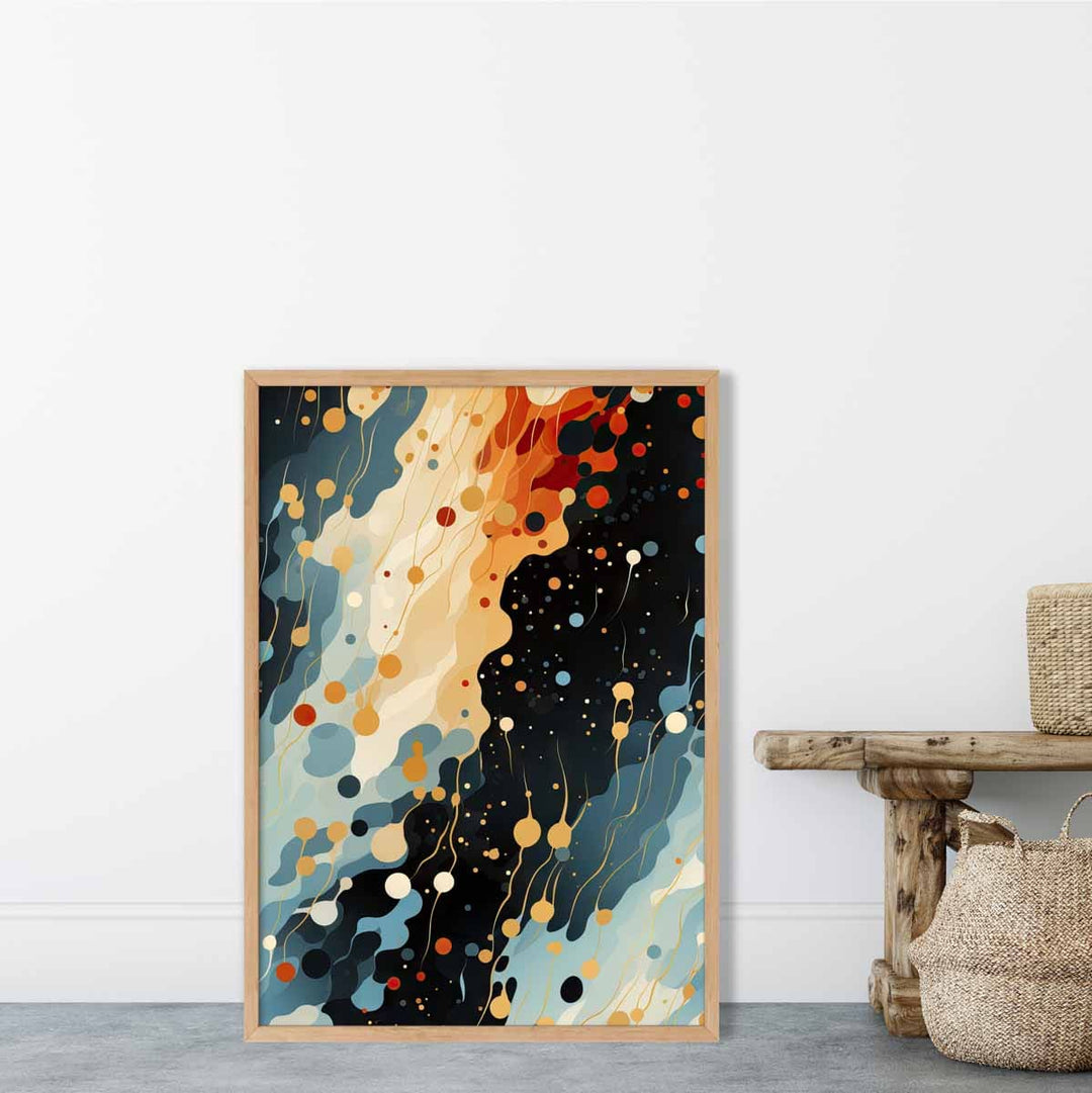 Abstrakt flytende kunsttrykk blå, oransje og rød nr. 2
