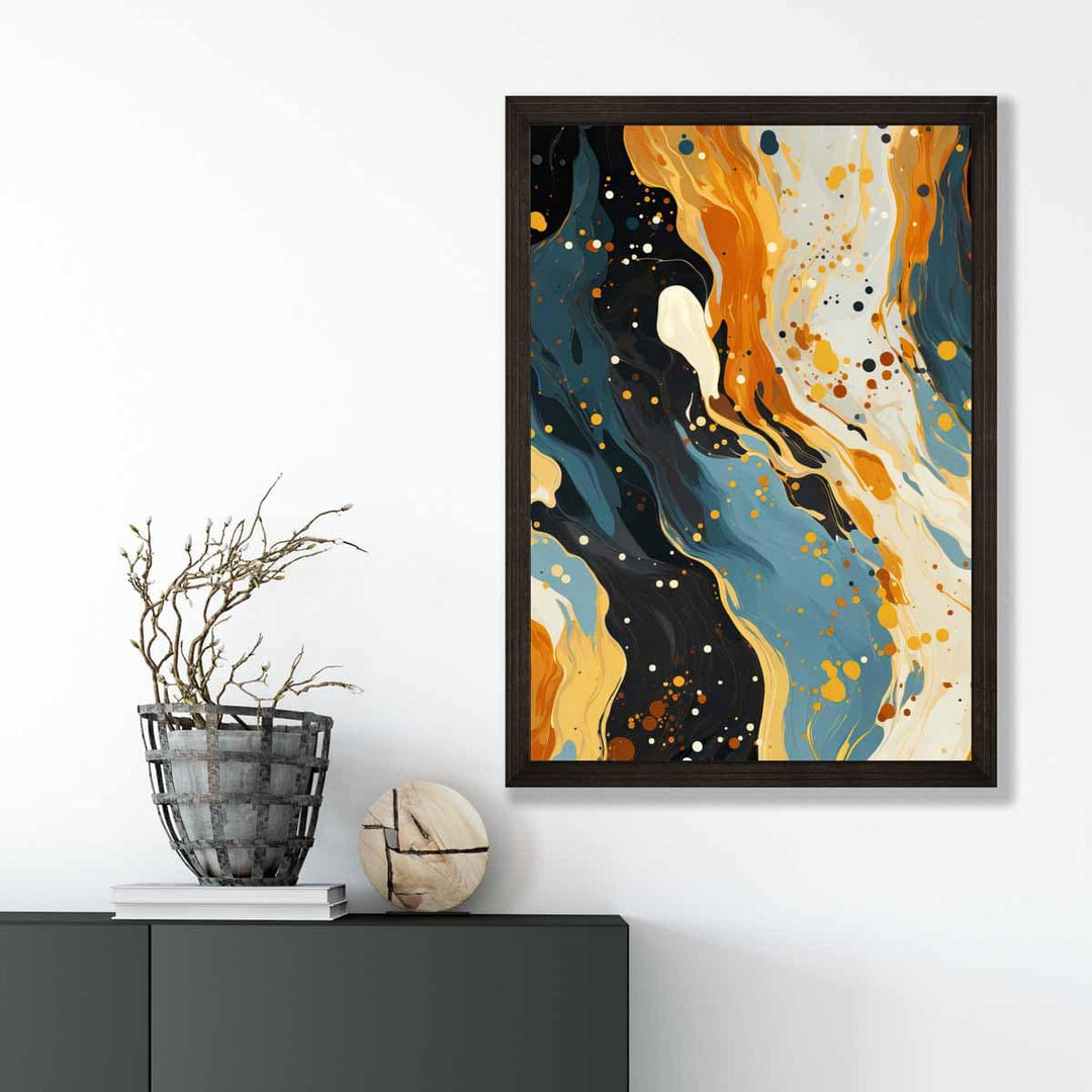 Abstrakt maleri, flytende kunsttrykk, blått, oransje og beige nr. 1