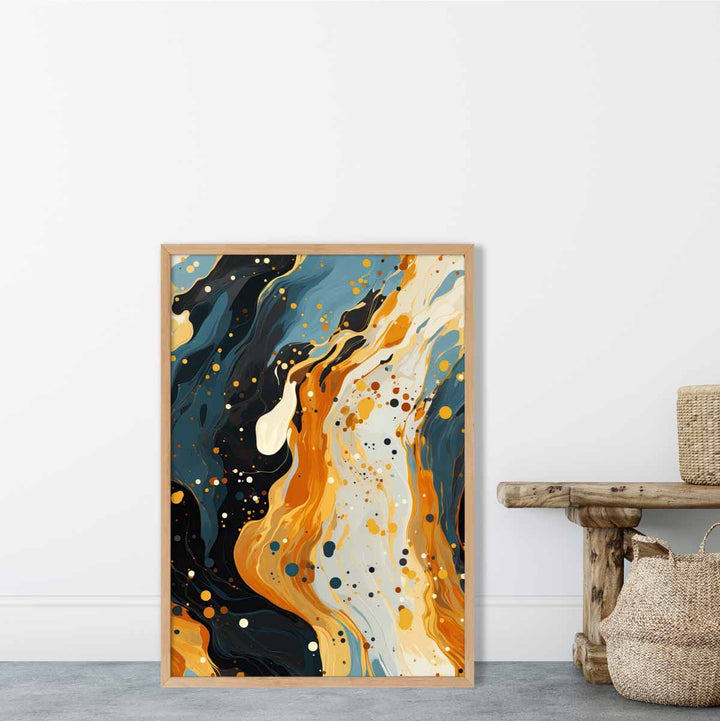 Abstrakt maleri, flytende kunsttrykk, blått, oransje og beige nr. 2