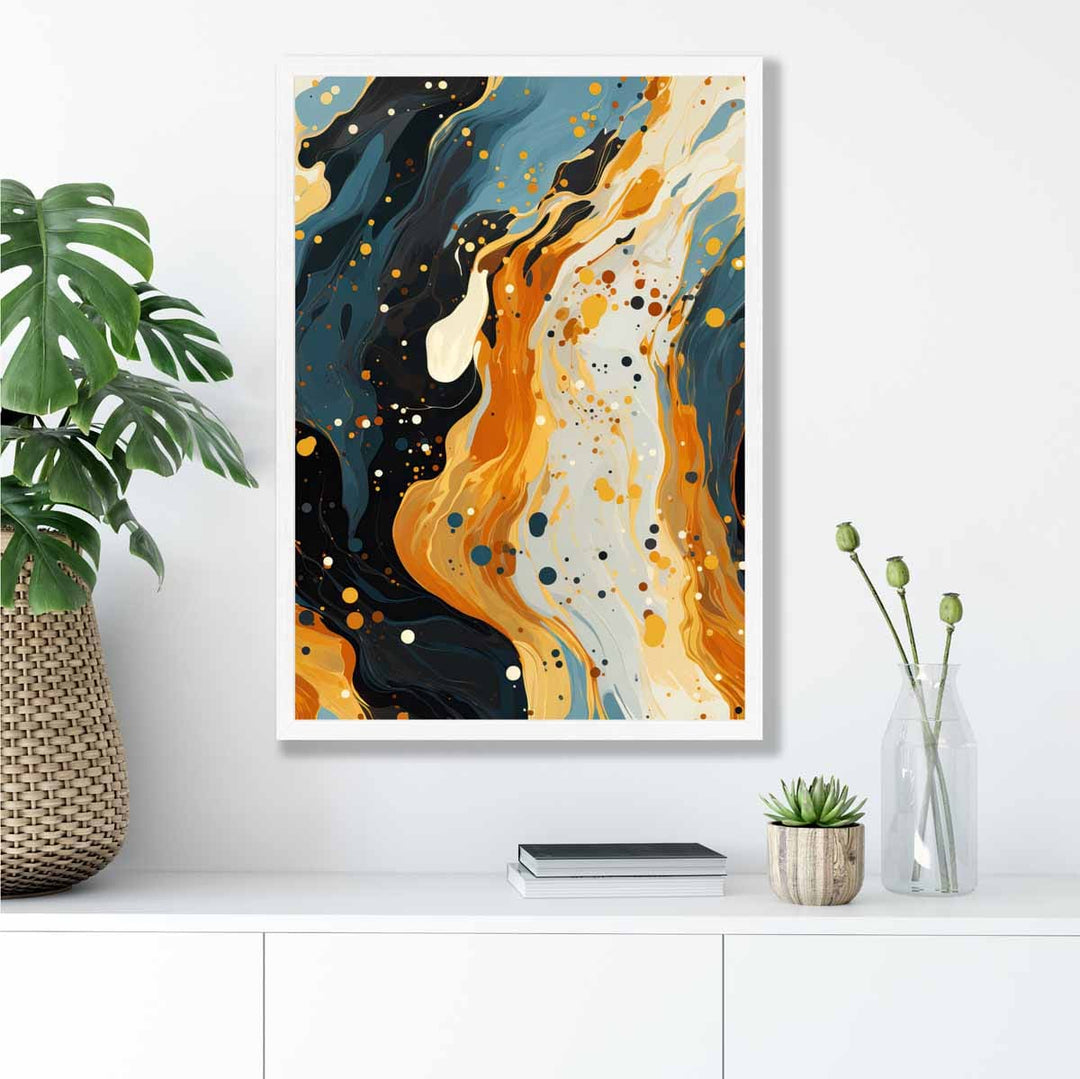 Abstrakt maleri, flytende kunsttrykk, blått, oransje og beige nr. 2