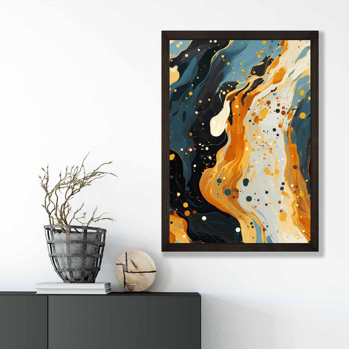 Abstrakt maleri, flytende kunsttrykk, blått, oransje og beige nr. 2