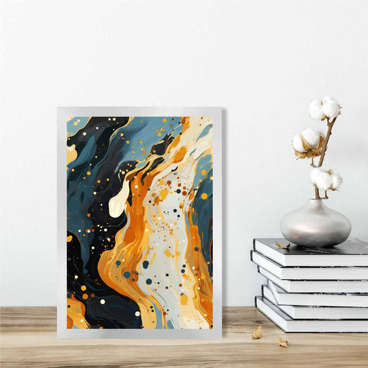 Abstrakt maleri, flytende kunsttrykk, blått, oransje og beige nr. 2